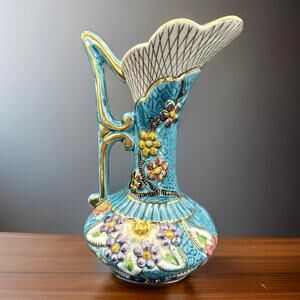H Bequet Quaregnon Hand Painted Blue Gold Trim Pitcher Vase Belgium Anemone
